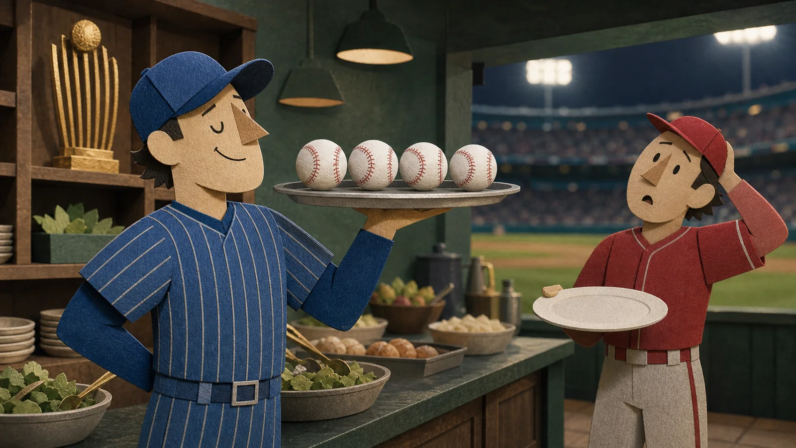 Blue-uniform baseball player presents four baseballs while a red-uniform player holds an empty plate