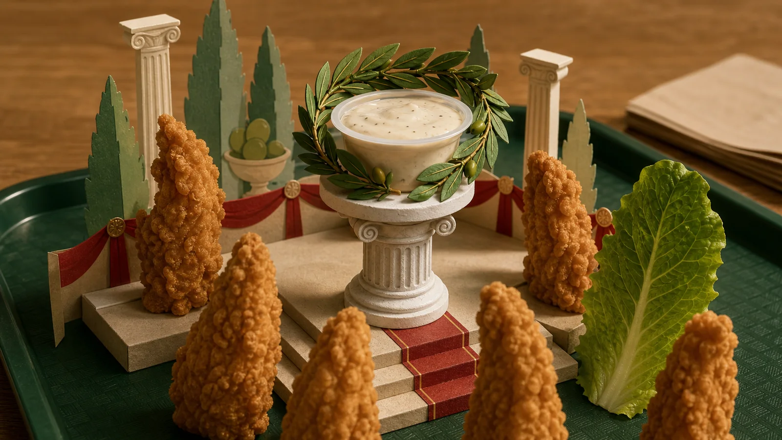 Unbranded creamy sauce cup on a classical pedestal before chicken strips and lettuce