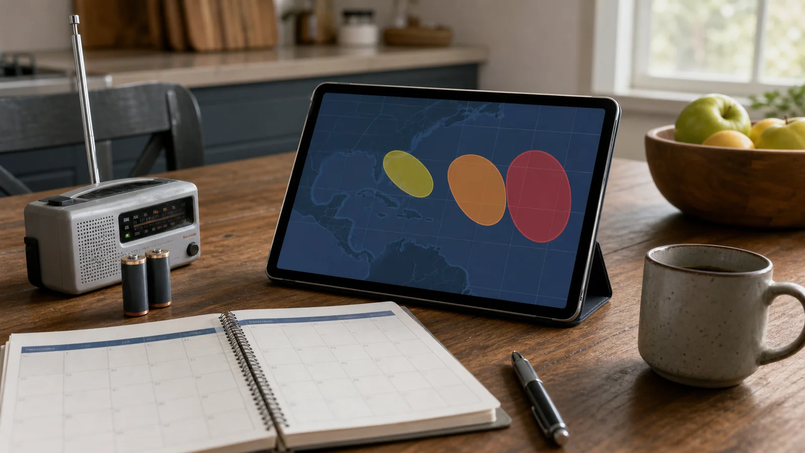 A kitchen table with a tablet showing an abstract tropical development outlook, a radio, batteries and a hurricane season calendar.
