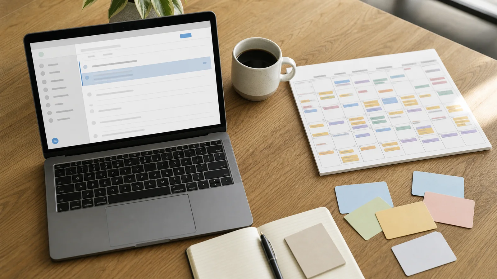 A laptop showing an abstract inbox beside an overcrowded paper calendar and blank reminder cards