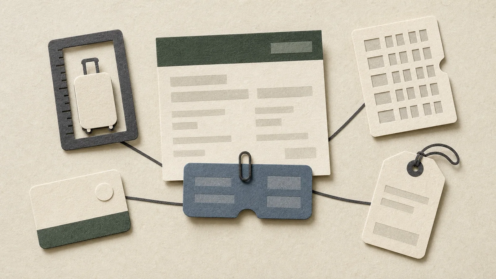 Cut-paper itinerary with an operator tab connected to baggage, seat, carry-on, and loyalty-check symbols