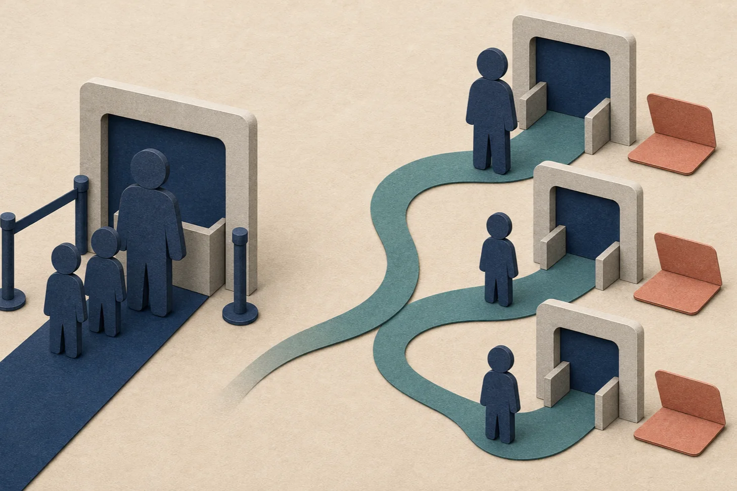 Editorial illustration of children accompanying an adult through one lane but using separate approval frames for another program.