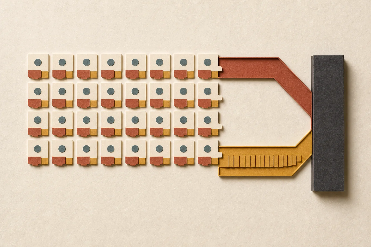Rows of cut-paper sale tiles split into variable-cost tabs and contribution pieces flowing toward a fixed-cost threshold