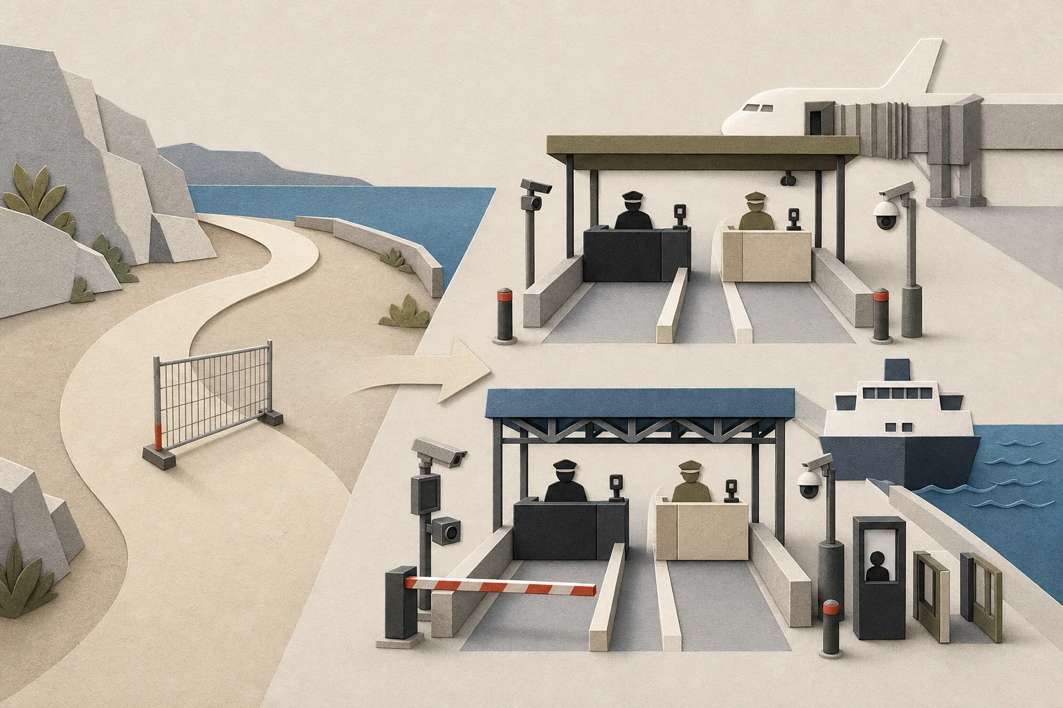 Illustration showing an open land crossing and separate airport and port checkpoint channels.