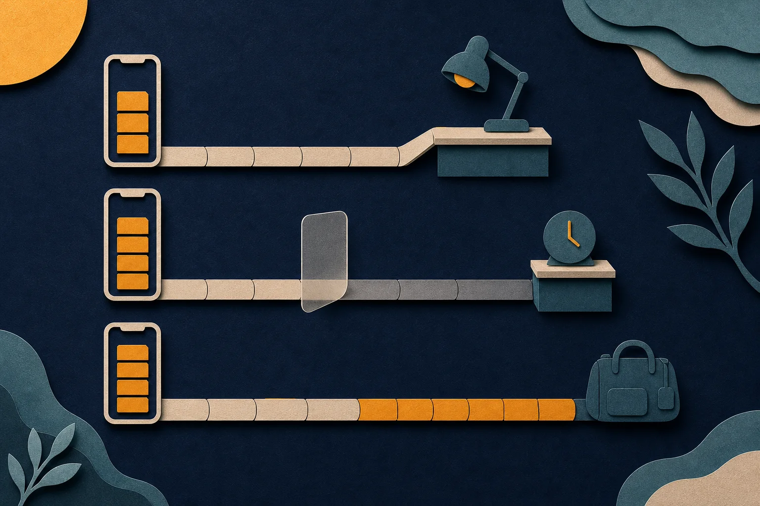 Three cut-paper charging paths show a daily cap, delayed overnight completion and a full charge for travel