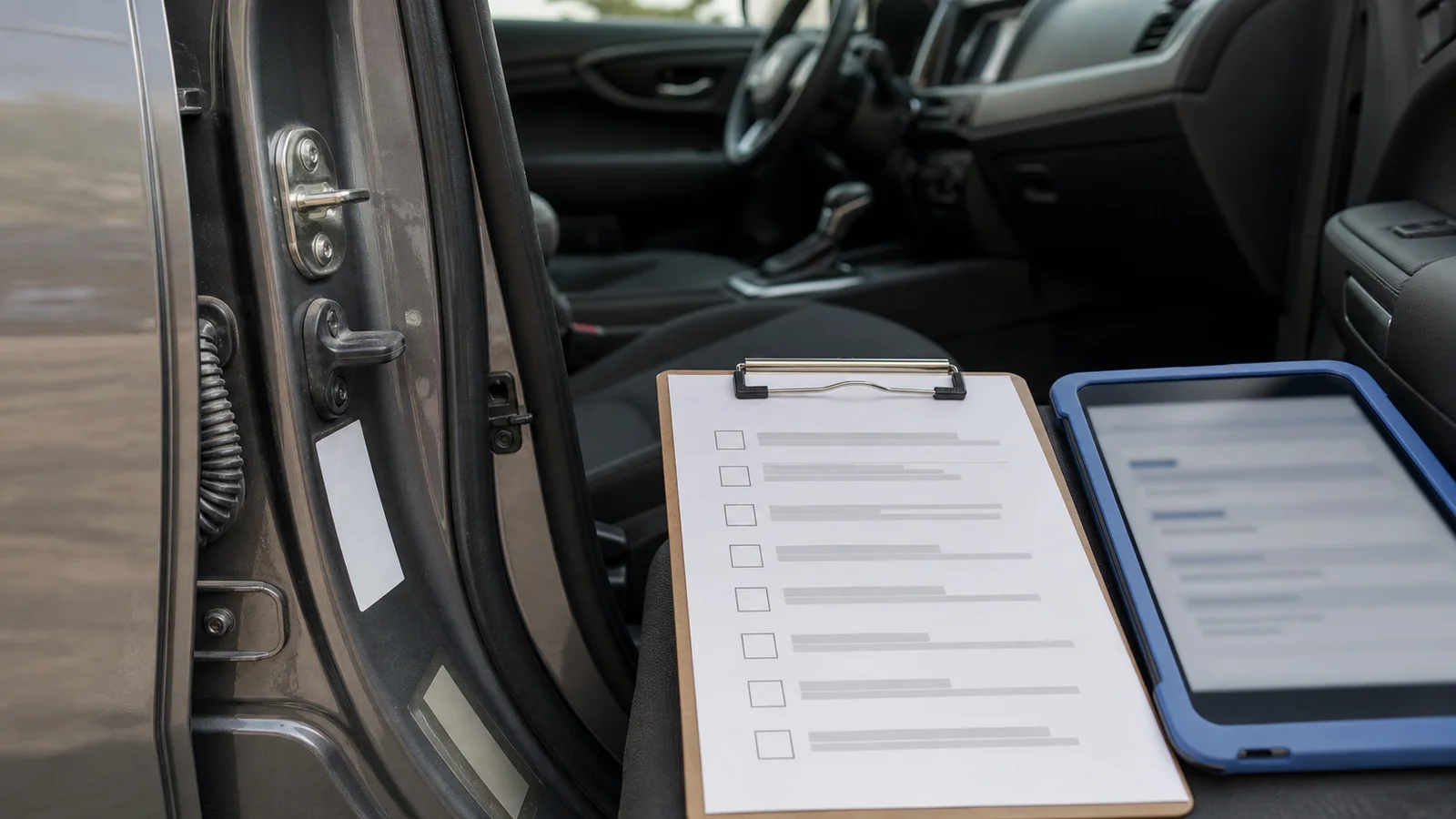 Close realistic view of a used car doorjamb, blurred VIN paperwork, tablet, and inspection checklist