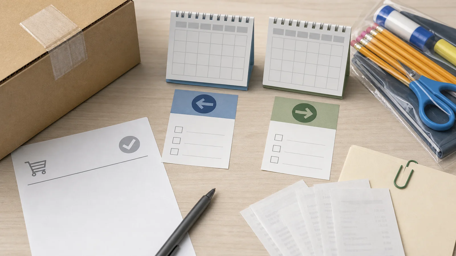 Blank online order papers, a shipping box and school supplies arranged to show purchase timing decisions.