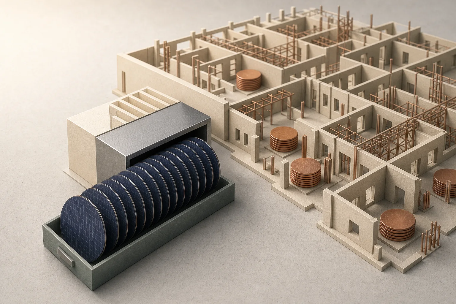 Finished indigo wafer discs leave a narrow channel as a larger unfinished fabrication lattice expands behind them.