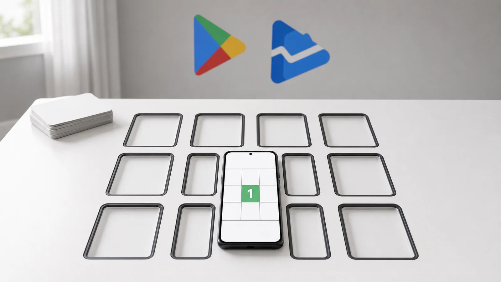 Pure Sudoku phone surrounded by twelve empty enrollment slots beside Google Play Console
