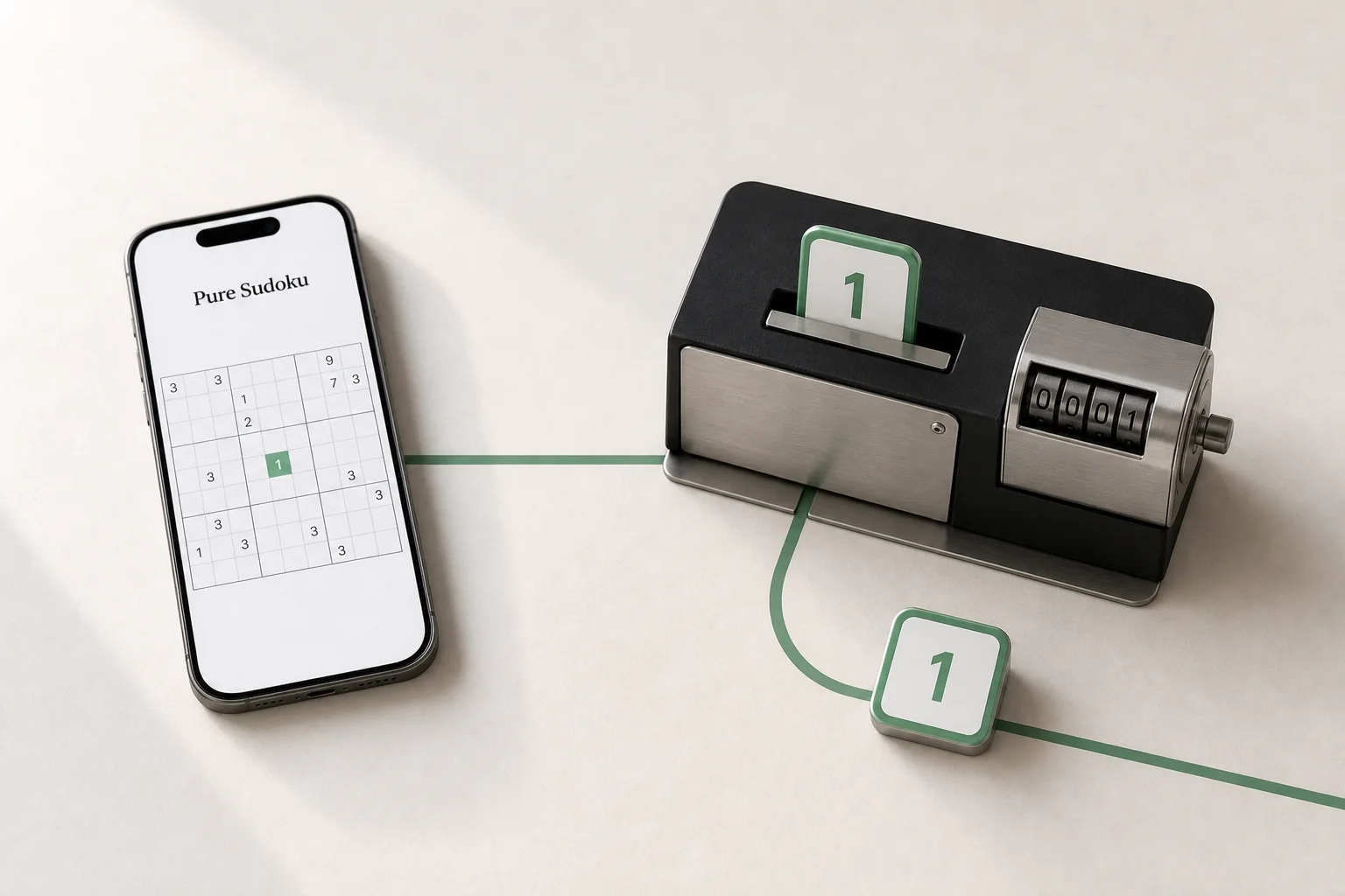 A Pure Sudoku phone beside a staged receipt gate that accepts one completion token and diverts an identical duplicate.