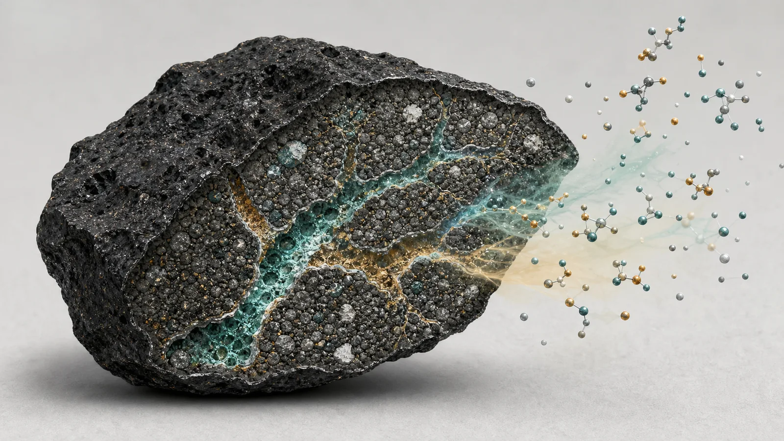 Illustration of a primitive asteroid fragment with brine-filled fractures and abstract organic chemistry.