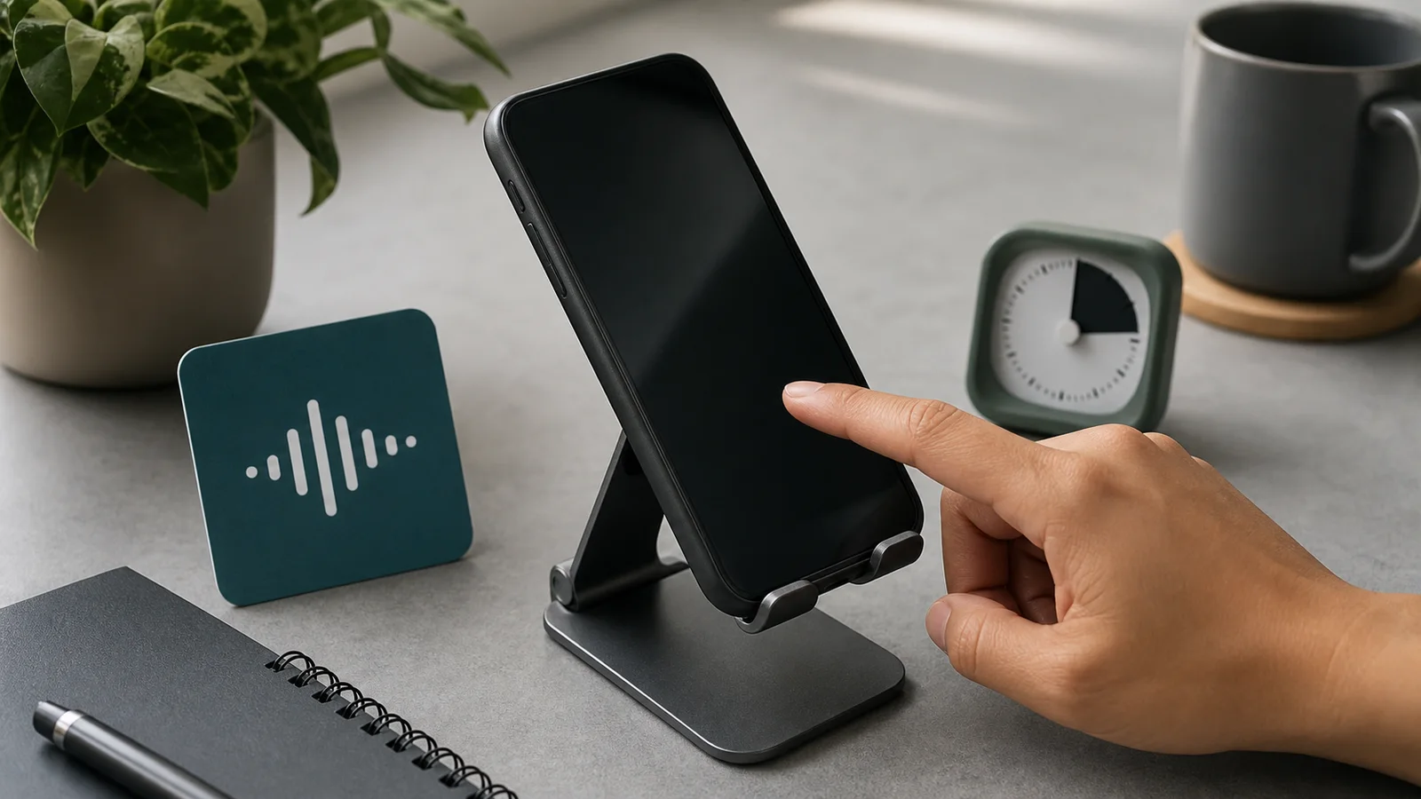 A phone on a stand beside a relaxed hand, voice dictation cue and timer arranged as an ergonomic setup