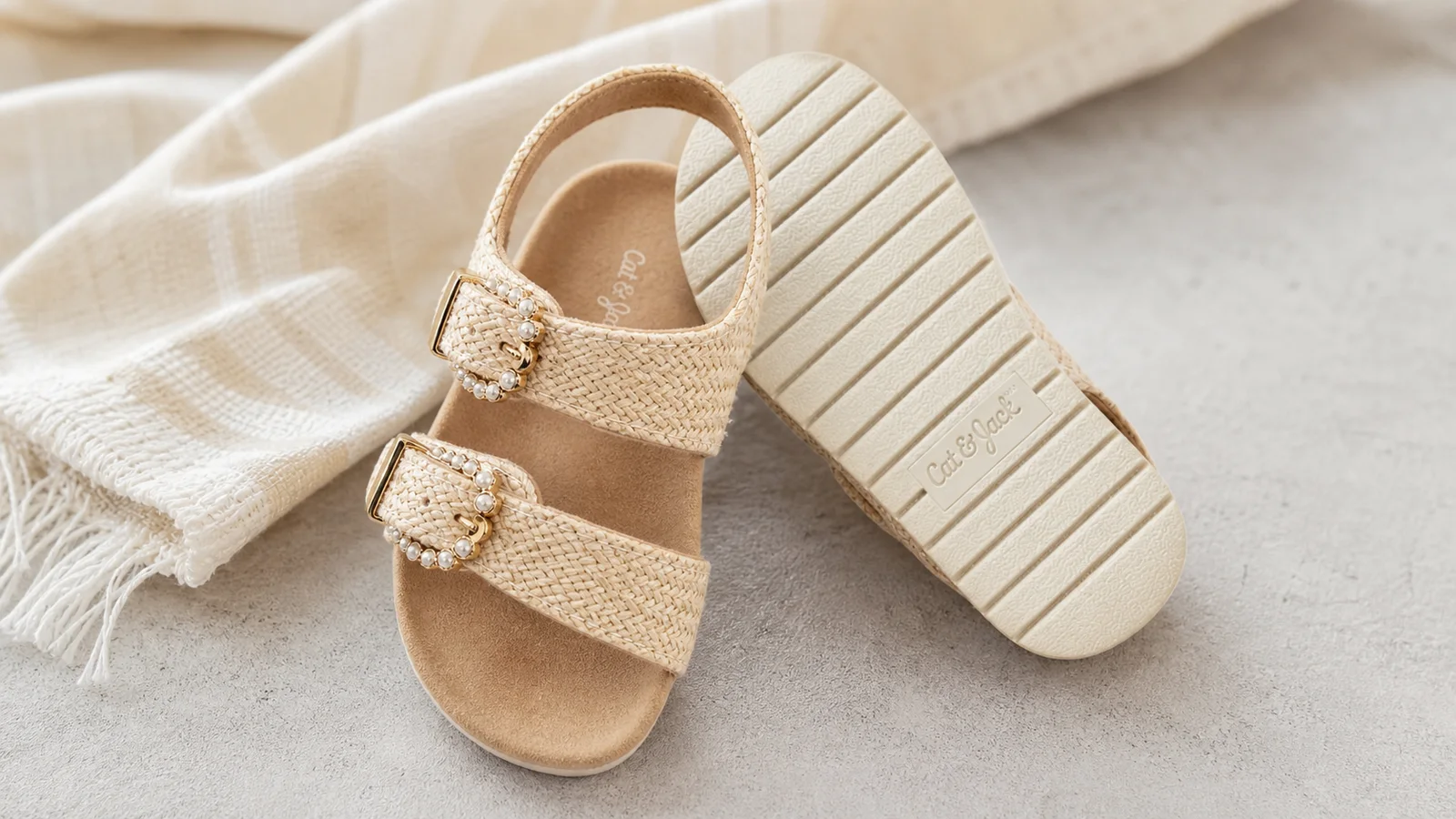 Close inspection view of a recalled Cat & Jack toddler sandal showing the sole and pearl-trim straps.