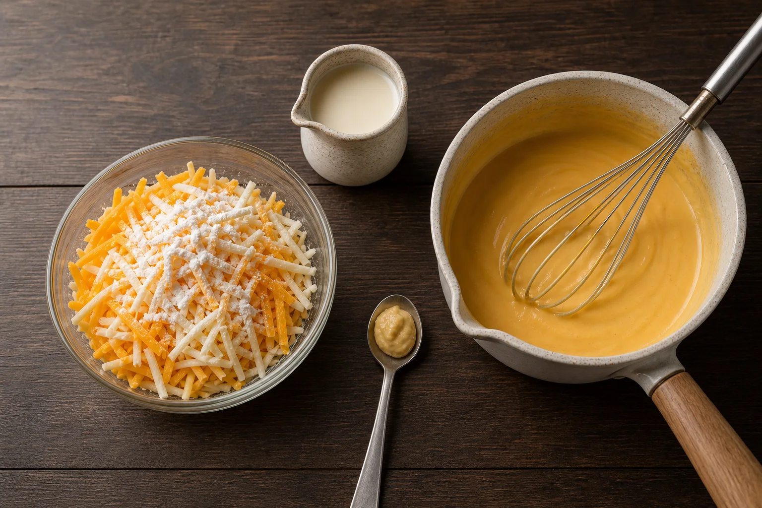 Shredded cheese dusted with cornstarch sits beside evaporated milk, Dijon and a pan of smooth cheese sauce.