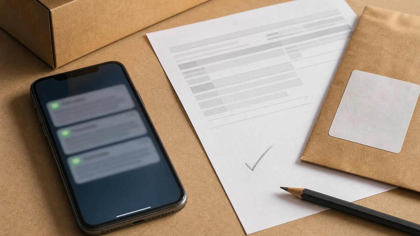 A blurred phone alert beside an order confirmation and package slip for delivery verification.