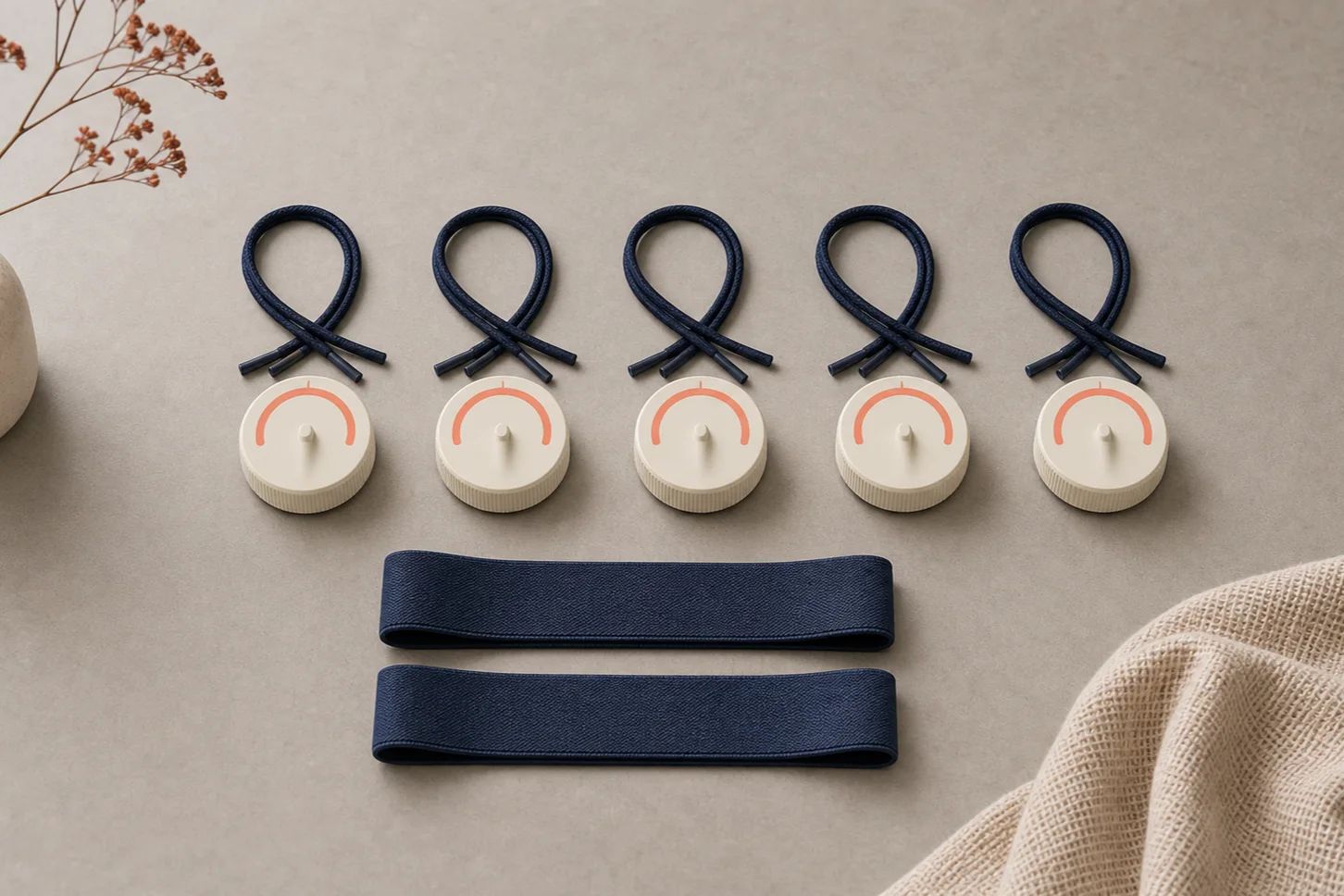 Five blank timer dials with walking-shoe laces sit above two resistance bands in a weekly exercise planning still life.