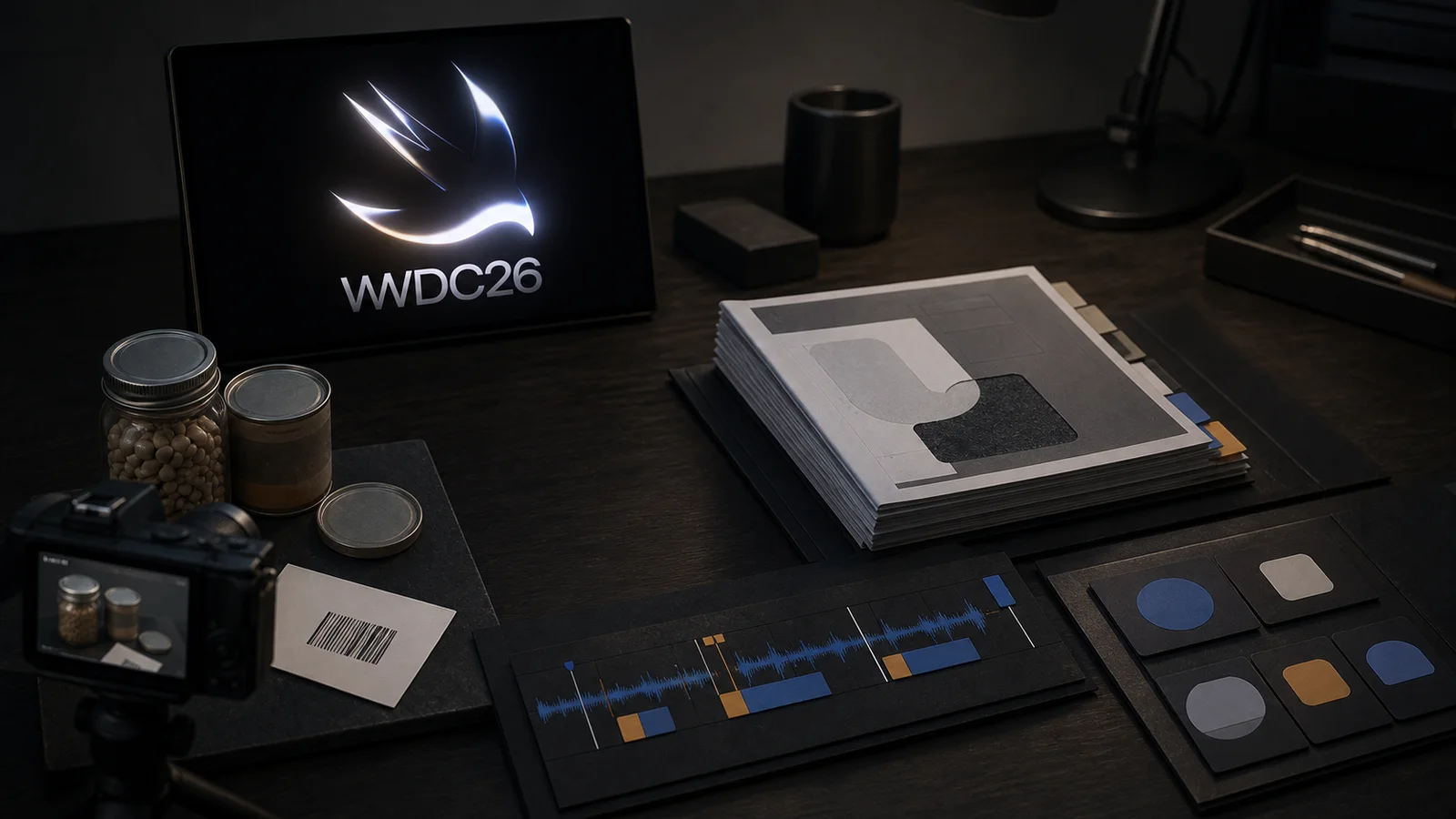 Apple’s WWDC26 artwork beside four physical prototype stations for camera, document, audio and widget apps