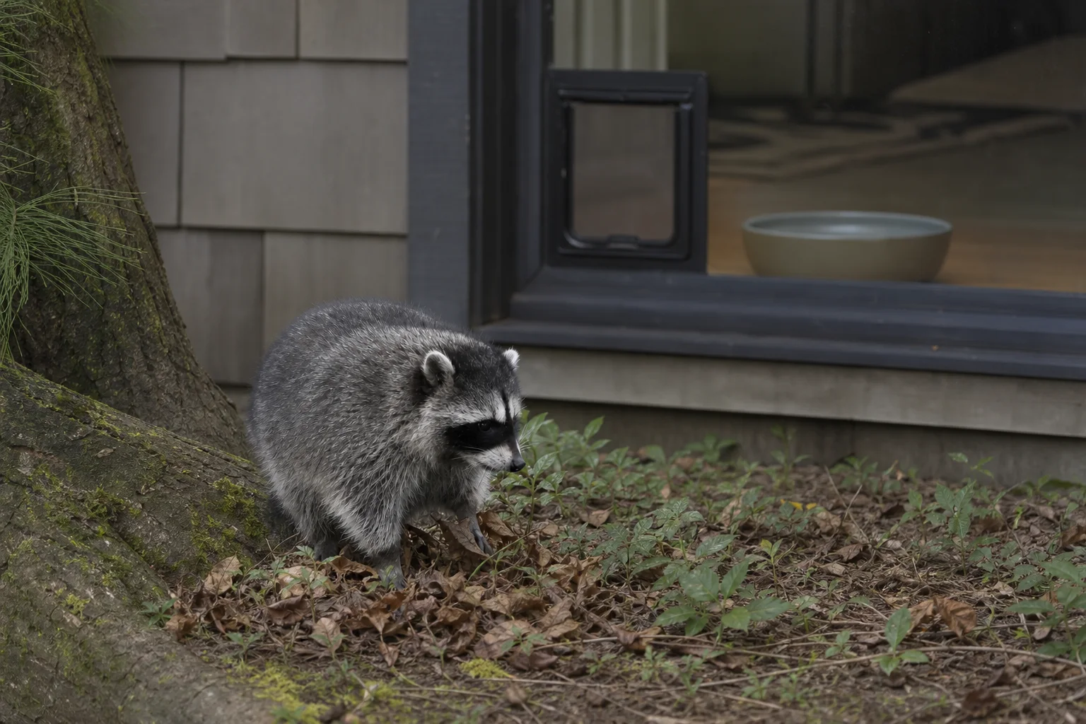 Jimothy foraging beside a tree while a pet bowl remains stored indoors behind a closed glass door