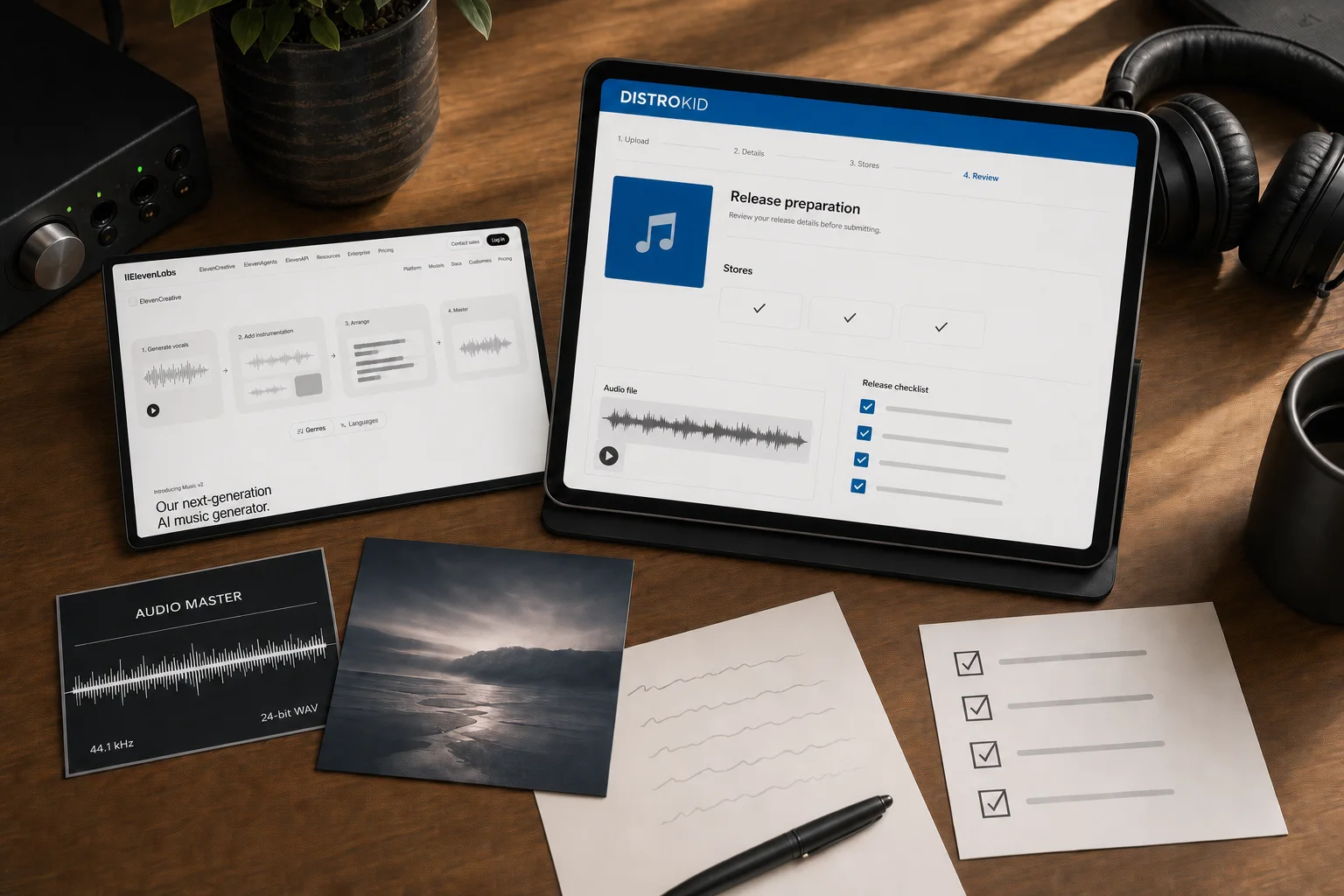 DistroKid release review beside an Eleven Music session, audio master, cover proof and rights checklist