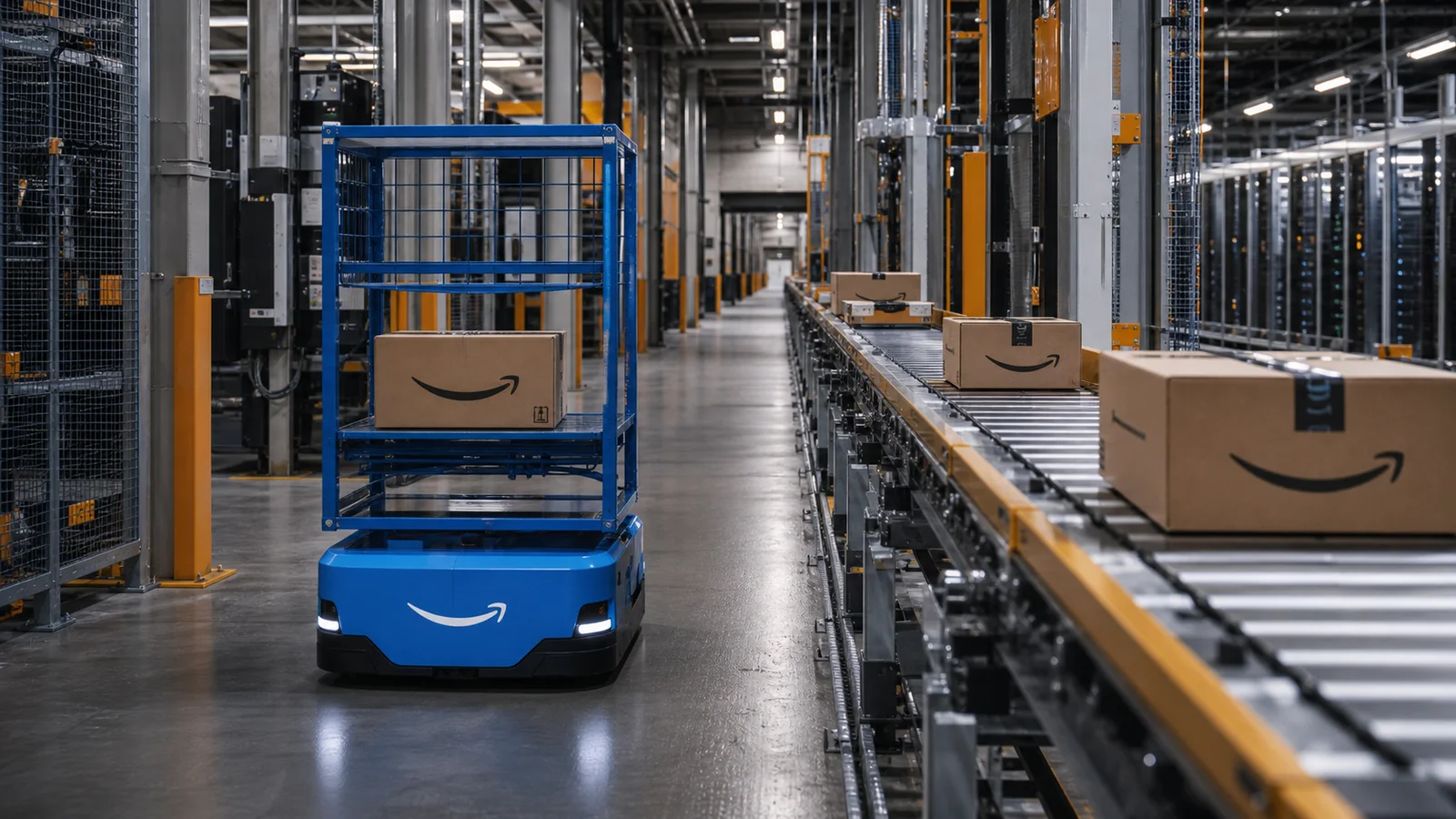 Amazon fulfillment robot and packages moving through a dense corridor of industrial infrastructure