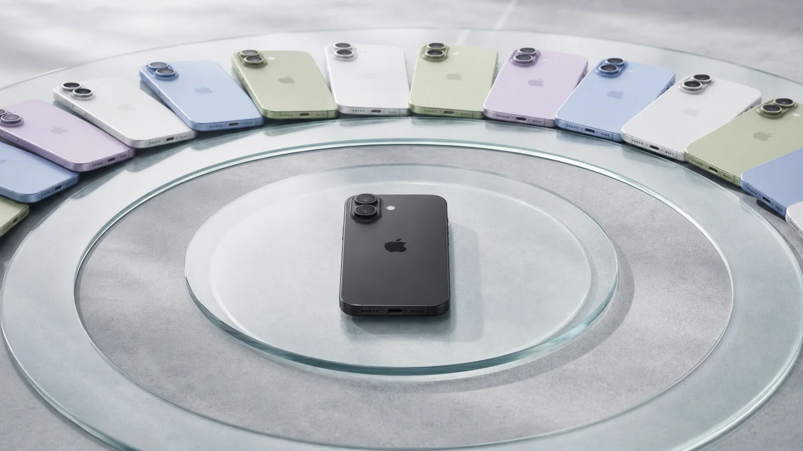 Apple iPhone 17 devices form widening arcs around a central phone, representing the company's installed-base ecosystem.