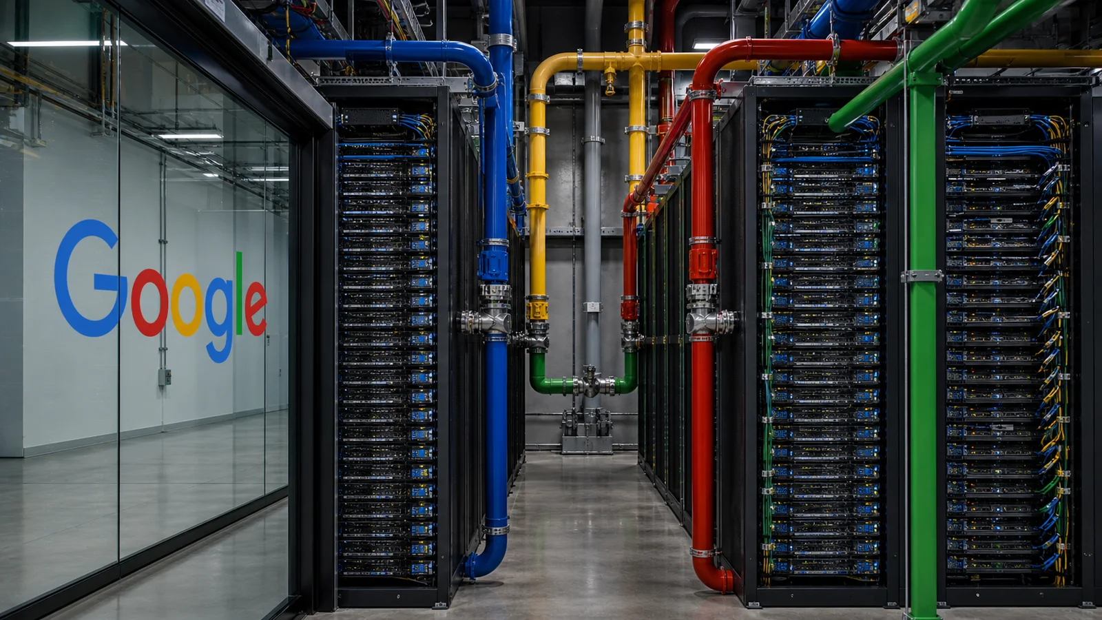 Google-branded data center infrastructure with color-coded cooling and network lines feeding rows of server racks.