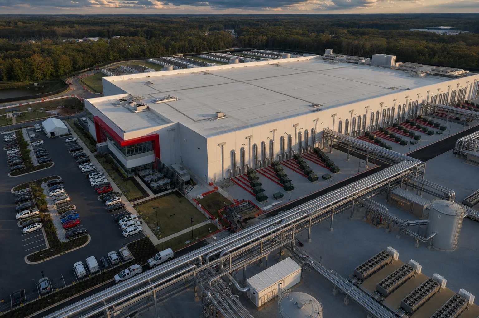 Source-grounded aerial view of Microsoft’s Fairwater AI datacenter and its extensive cooling and utility systems