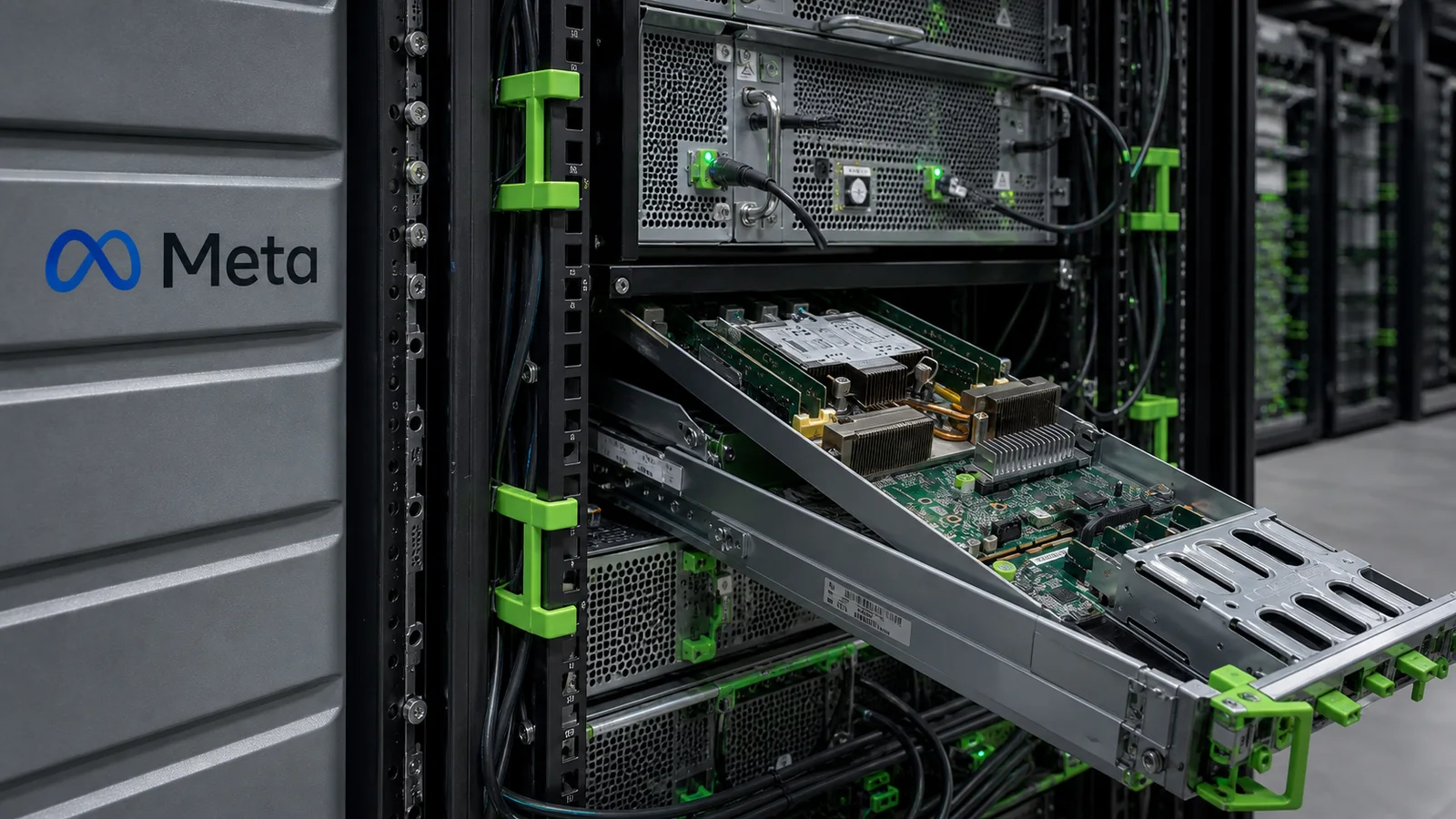 Meta-branded server infrastructure with an open server sled and green-accented rack connections inside a source-grounded data center scene.