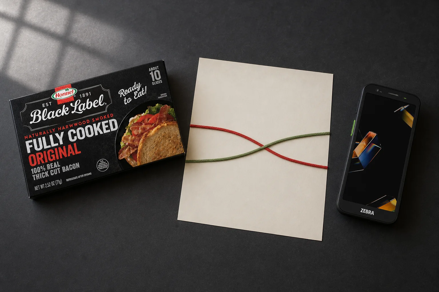 Hormel packaging and a Zebra mobile computer flank two colored cords that cross once on an unlabelled sheet of paper.