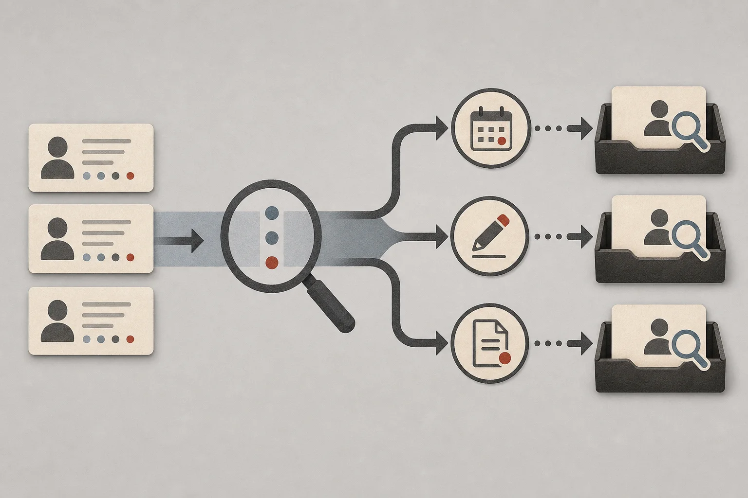 A neutral diagram showing voter-record cards branching to human review because of stale data, changed names and other matching issues.