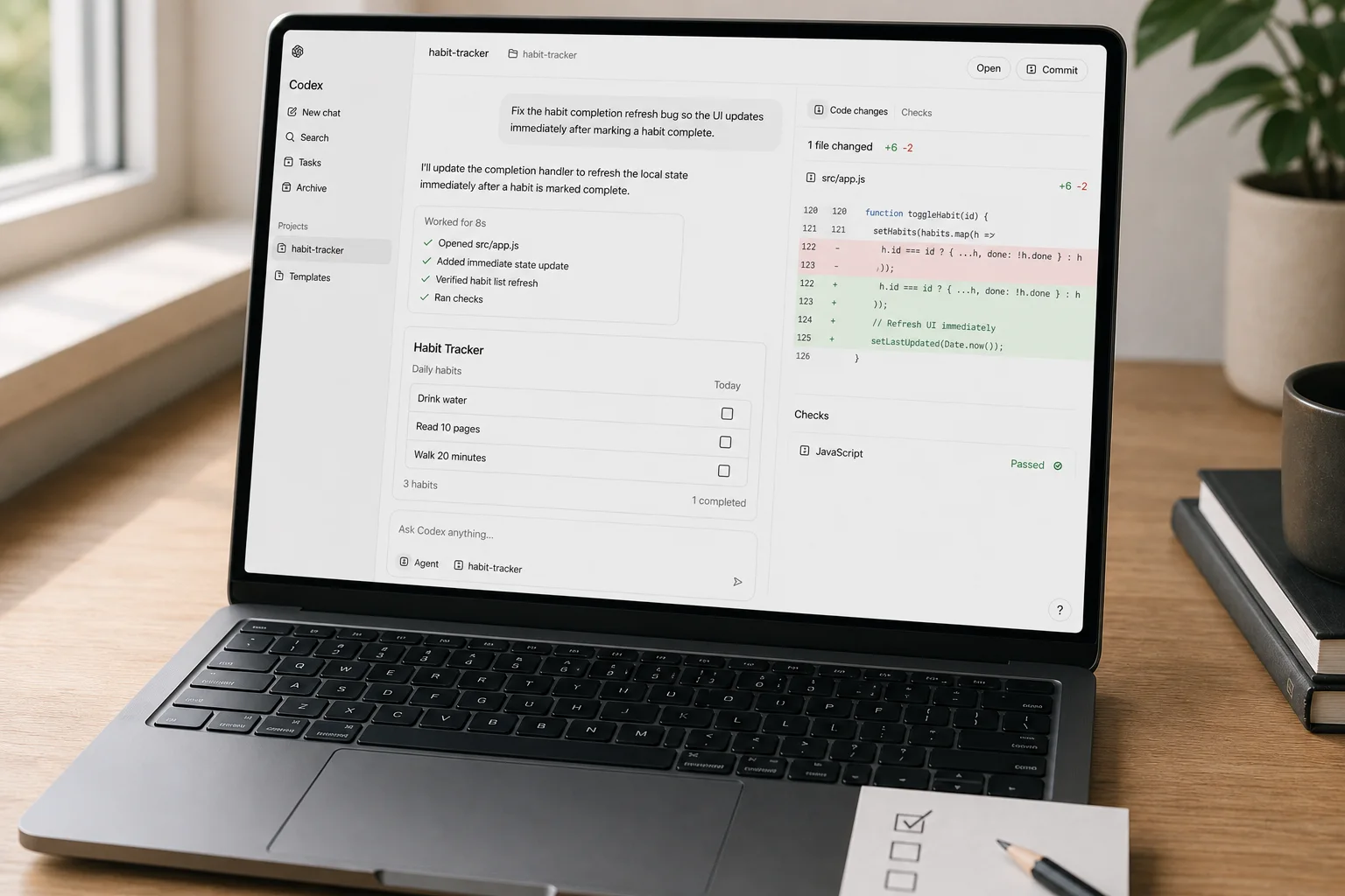 Close view of the recognizable Codex changes and terminal workflow with a small diff, a passed check and an incremental paper checklist
