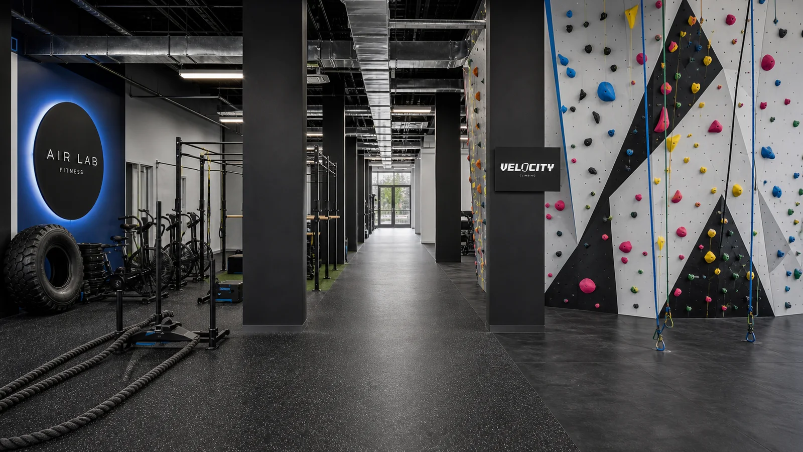 An editorial comparison pairs an AIRLAB Fitness battle-rope lane with a recognizable Velocity Climbing wall and auto-belay area