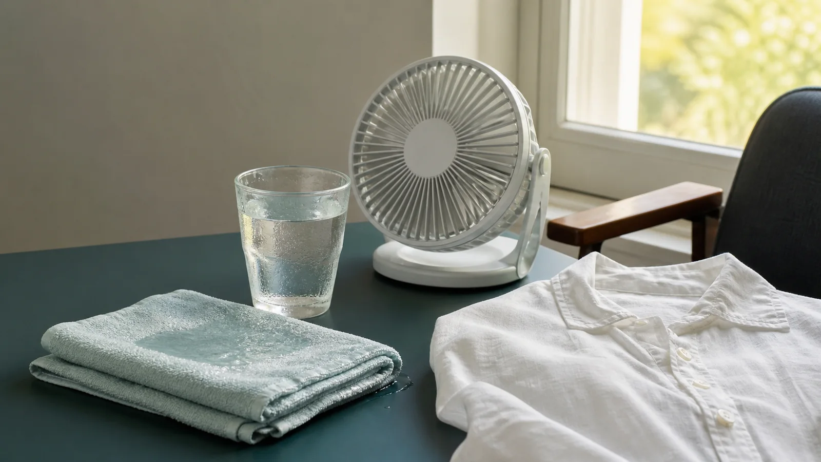 Cooling supplies on a table with water, a damp cloth, a fan and a light shirt.