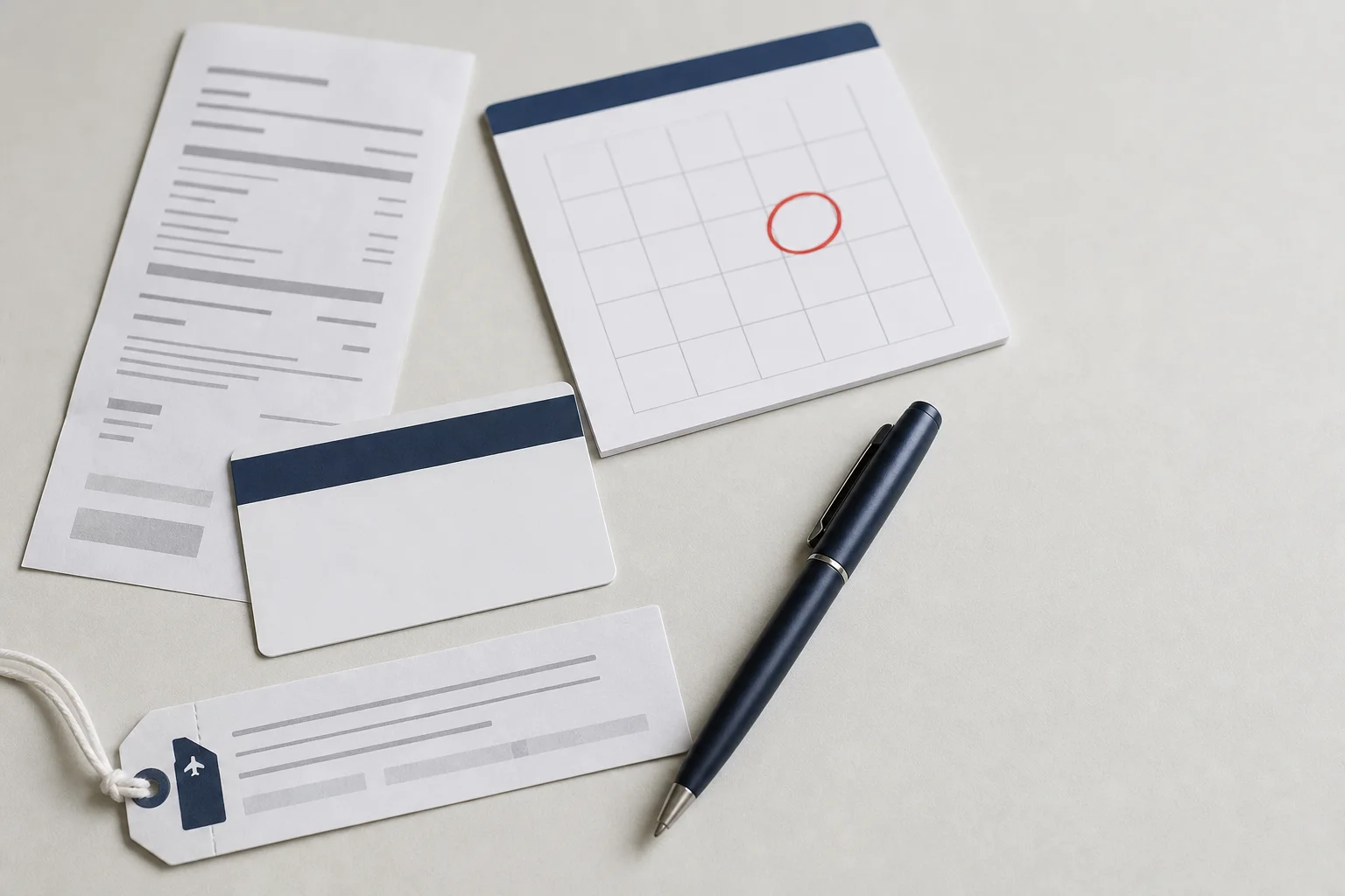 Unbranded receipts, baggage tag stub, card statement strip, and calendar square arranged as a travel refund checklist.