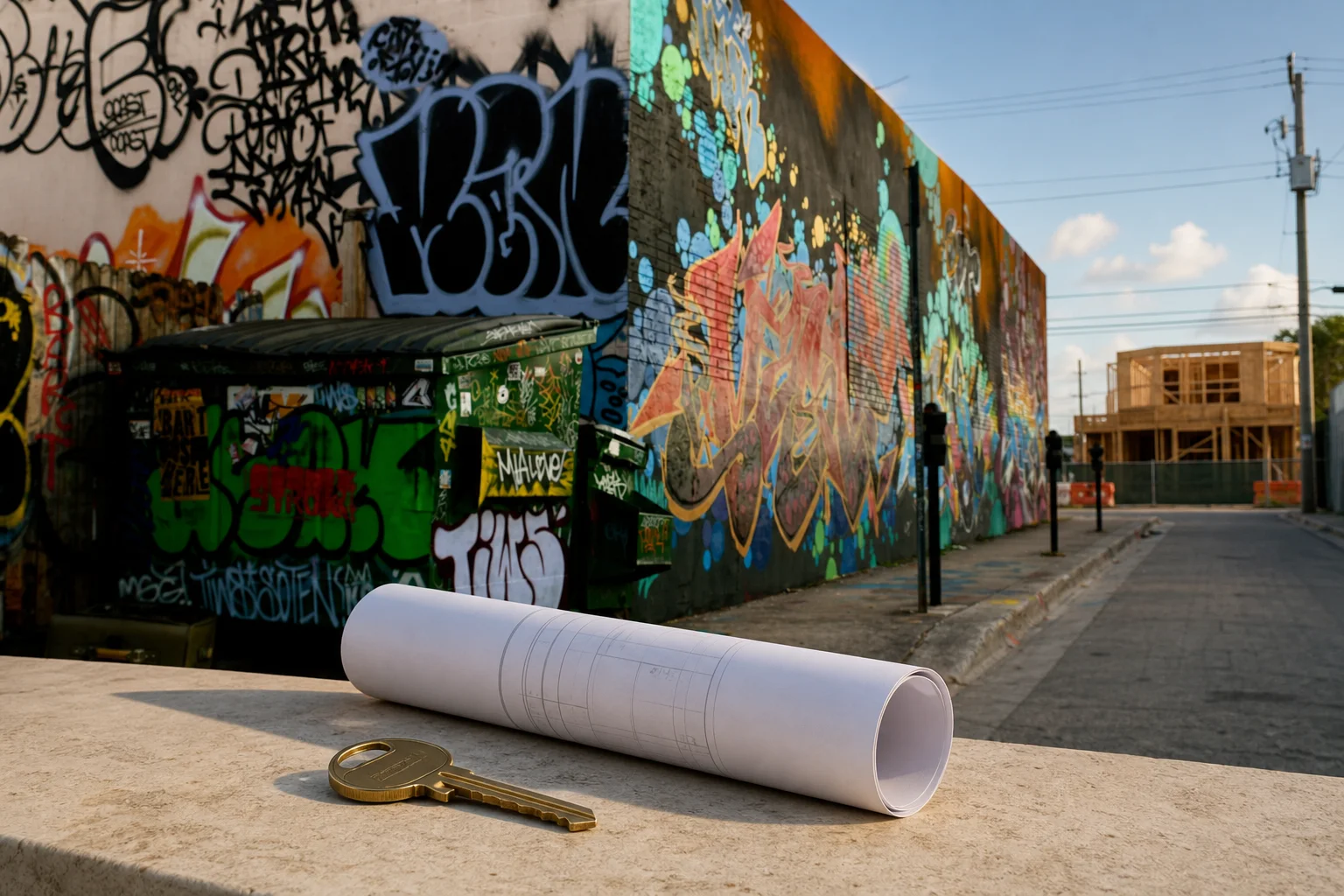 A staged property key and floor plan beside a mural-lined Wynwood street with construction in the distance
