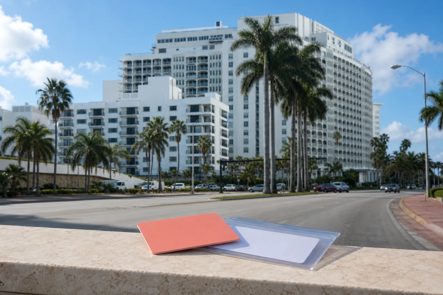 A guest key card and blank license sleeve staged before condo and hotel buildings on Miami Beach