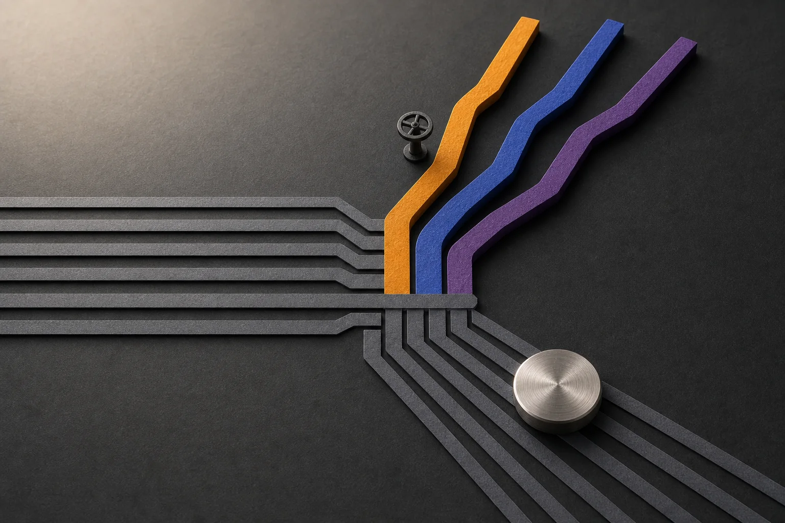 An editorial sector routing map with three rising channels for energy, technology and communication services beside eight lower channels.