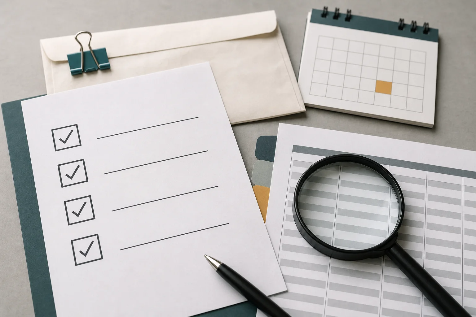 A blank checklist, saved envelope, calendar tab, and magnifying glass over an abstract report grid on a desk.