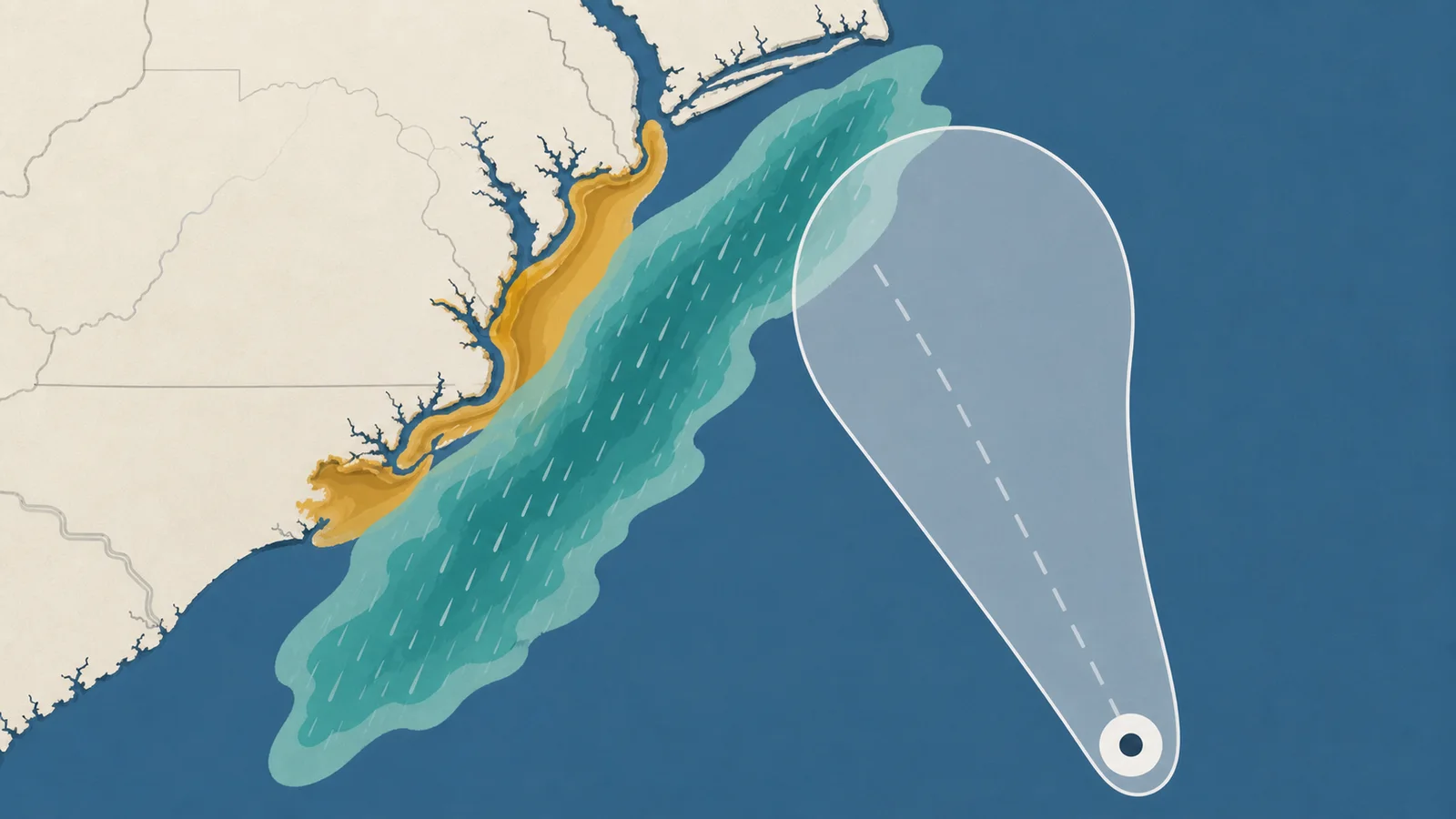 A simplified weather-map diagram showing rain and surge hazards extending away from a storm center