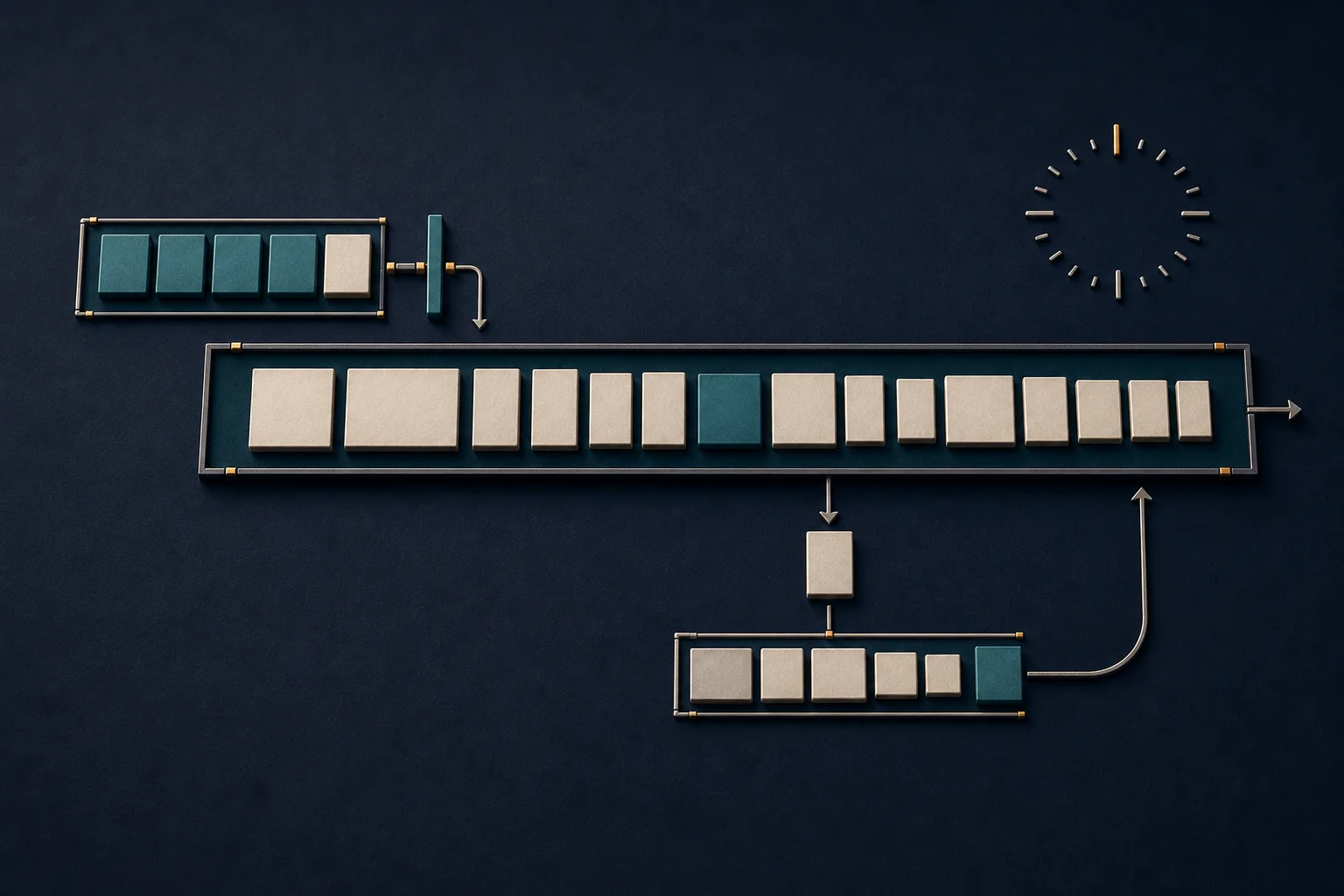 Diagram of stock tiles passing through a narrow entry gate, a wider holding buffer and a scheduled replacement path