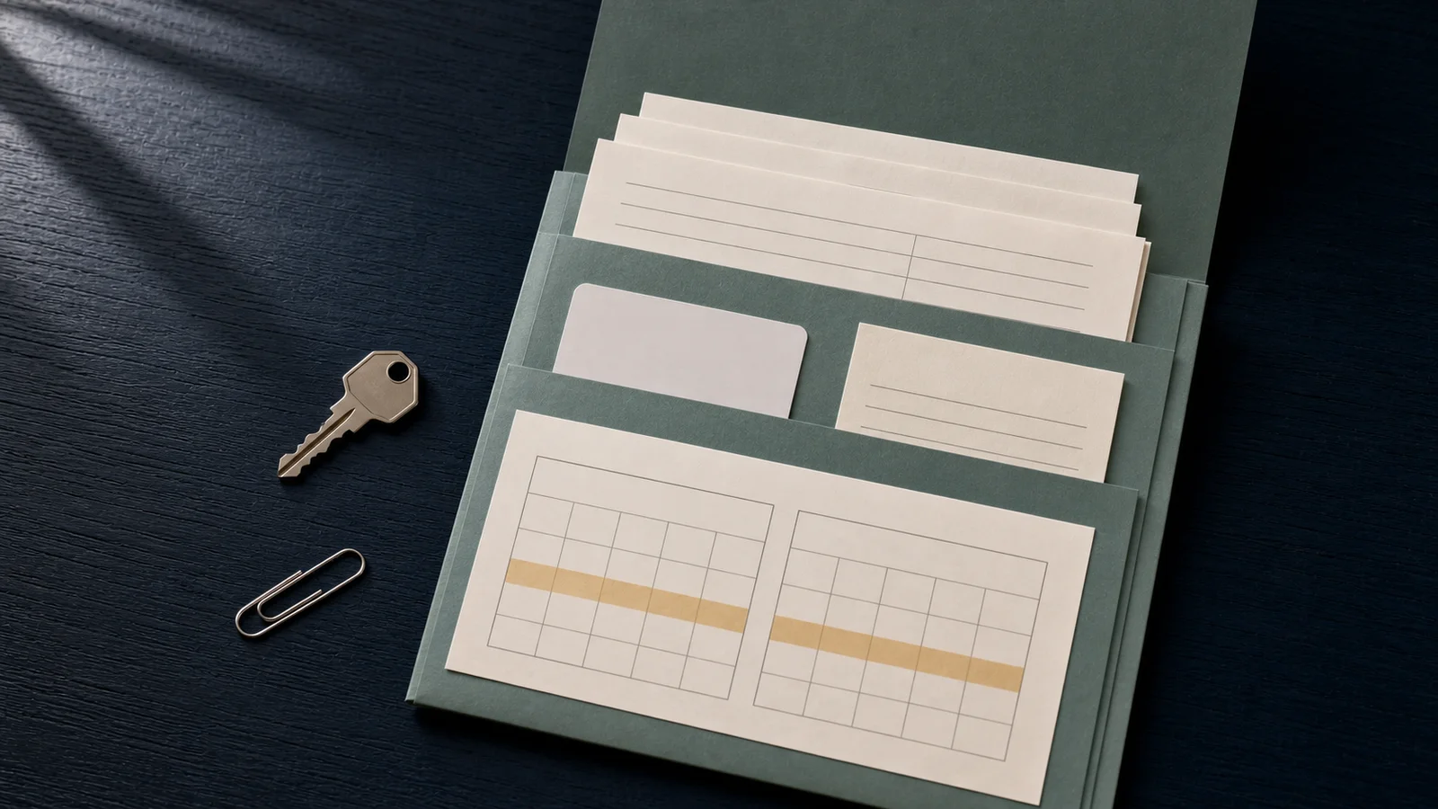 An organized benefits folder with anonymous pay records, a blank insurance card and a two-month calendar