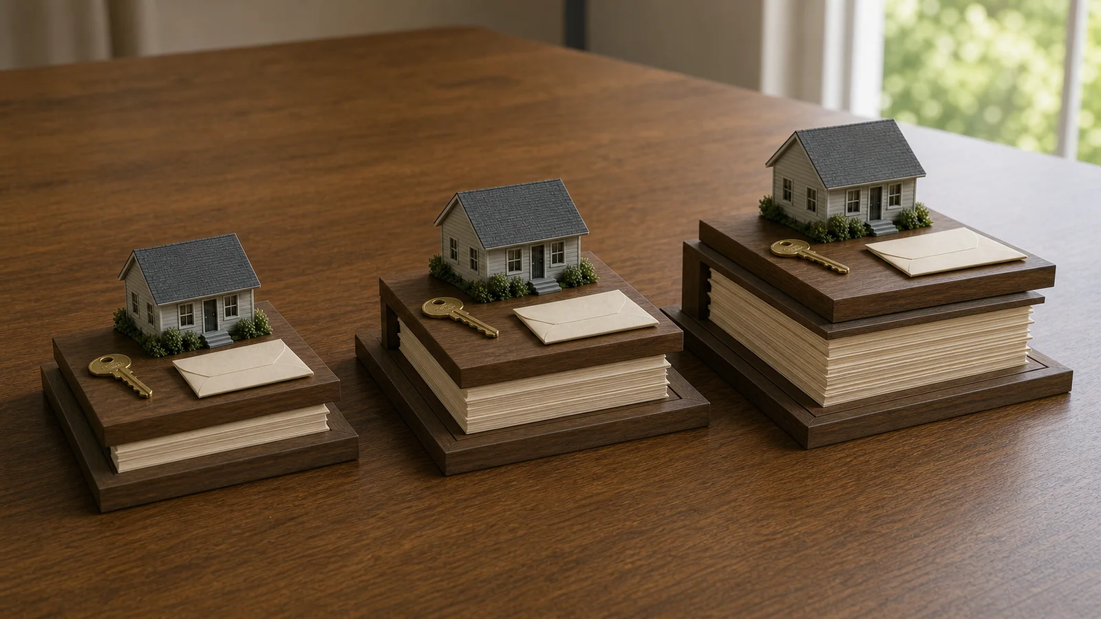 Three model homes and brass keys rise on increasingly thick paper stacks and widening wooden bases.