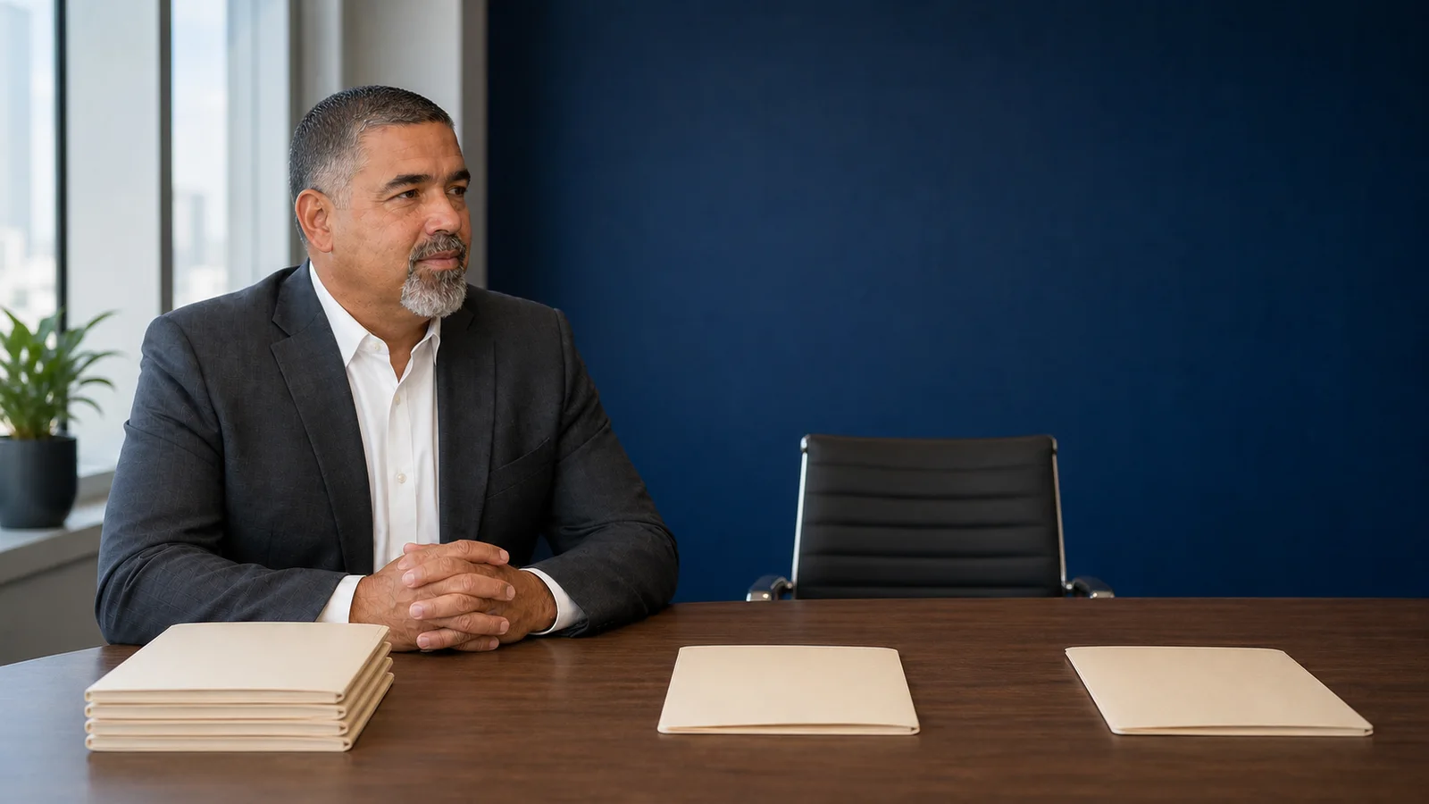 Rafael Villalobos at a public education event with a transparent sequence leading from semifinalist review to interviews and a final vote