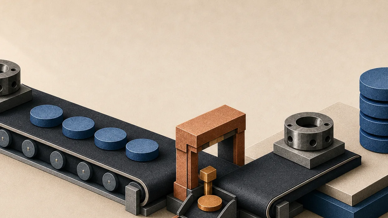 Cut-paper close-up of four blue value disks and a machine part crossing a checkpoint as one copper tariff disk descends through a customs chute.