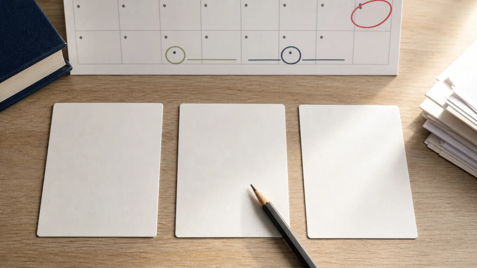 Three blank option cards, a calendar strip and paperwork arranged to show a borrower comparing student loan default exit choices.