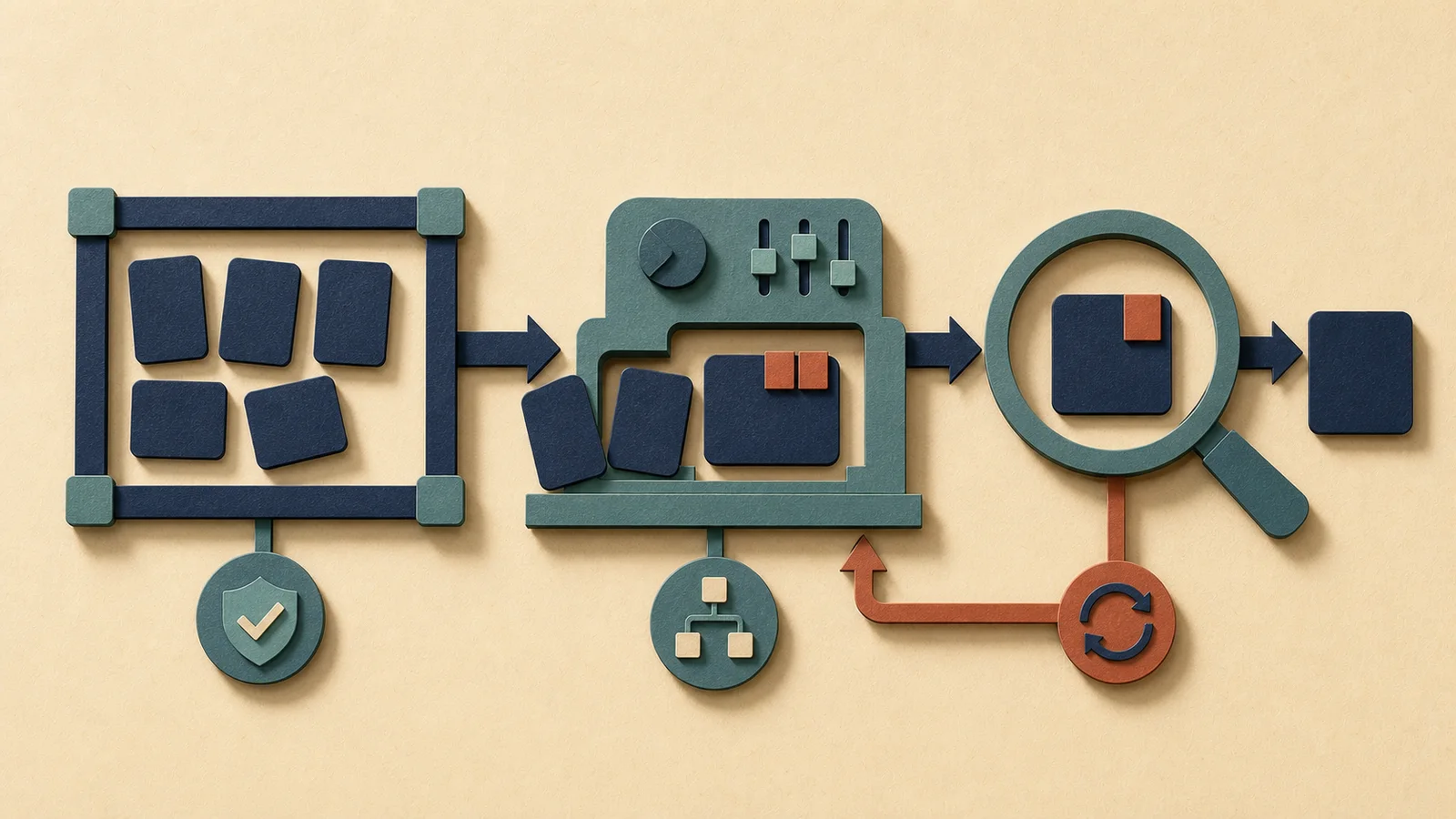 Cut-paper sequence showing bounded inputs, an AI-assisted draft and a human verification step with a rework loop