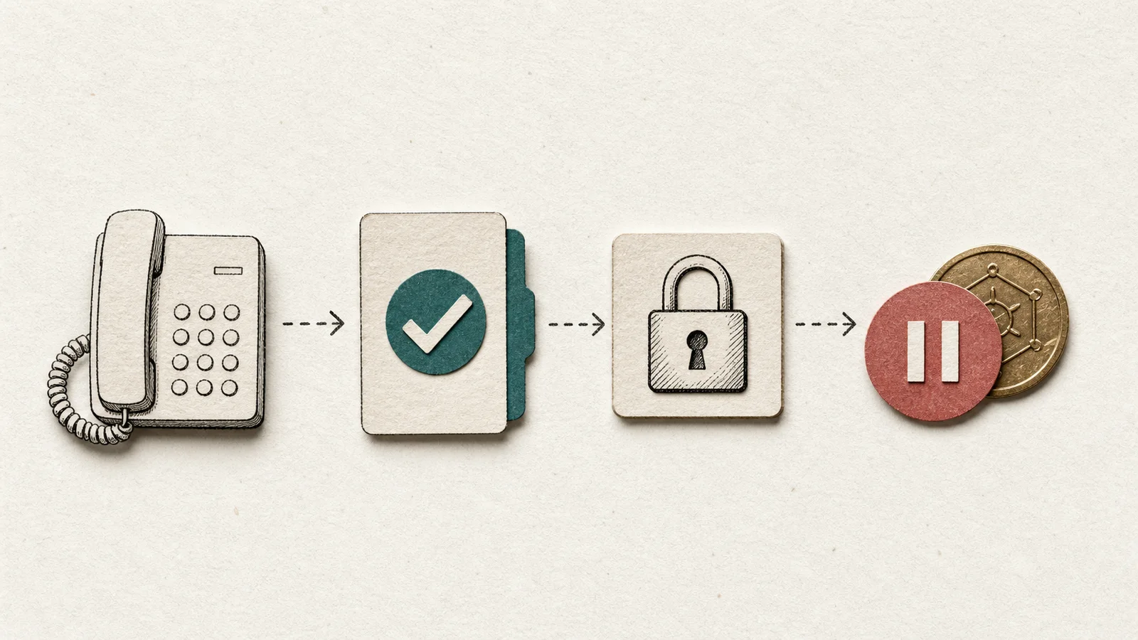 An illustrated verification checklist shows a phone, trusted contact card, locked code tile and paused payment token.