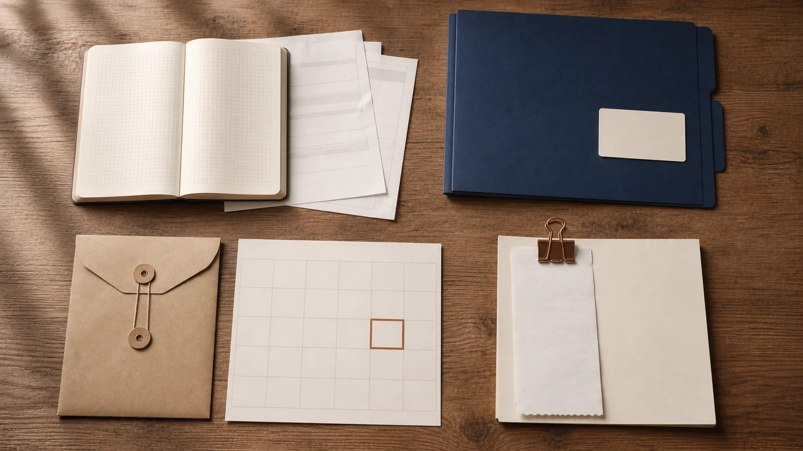 Overhead midyear bookkeeping setup with a reconciled ledger, contractor folder, documented receipt and separate tax-reserve envelope