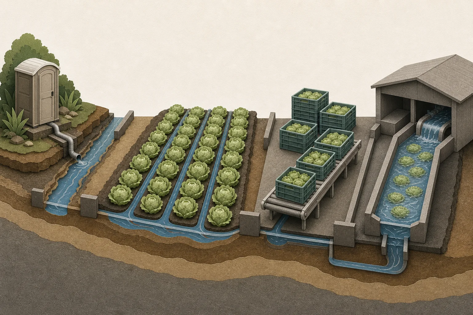 A cut-paper process illustration separates possible Cyclospora pathways involving toilets, irrigation, harvest bins and wash water