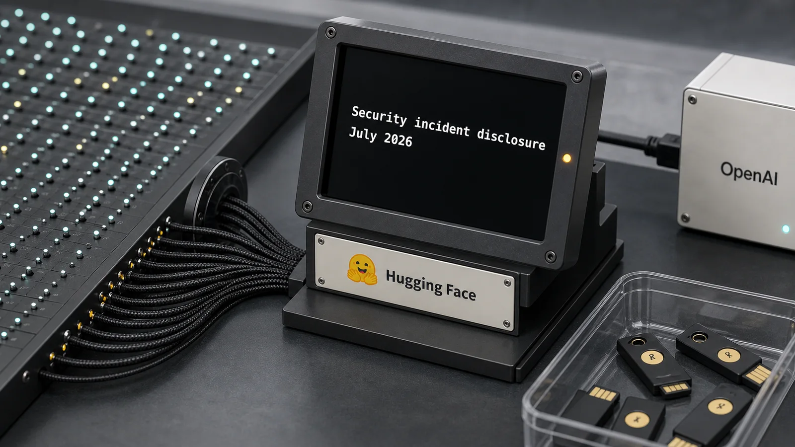 Hugging Face’s July 2026 incident card anchors a forensic console with event traces and disconnected access tokens